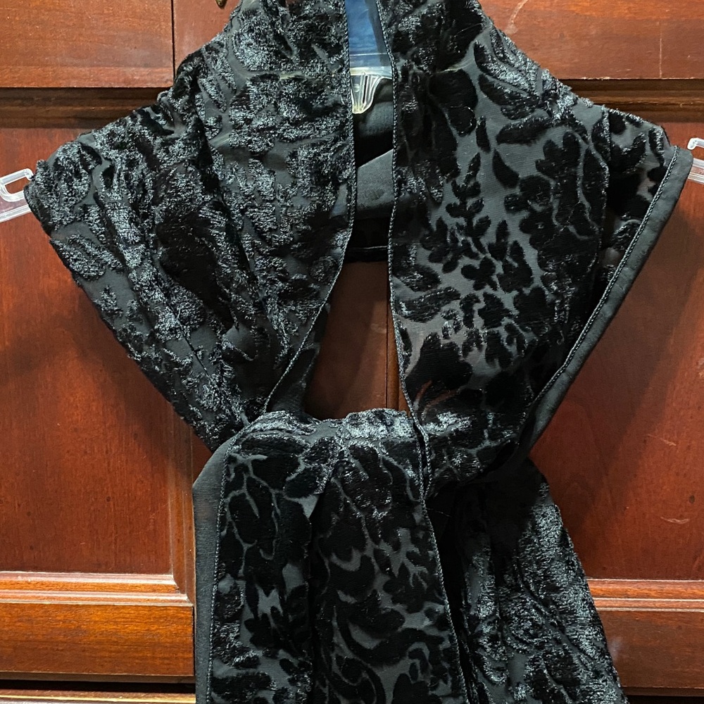 Vintage Archtect 60” x 10”Elegant Sheer Black Velvet floral Scarf